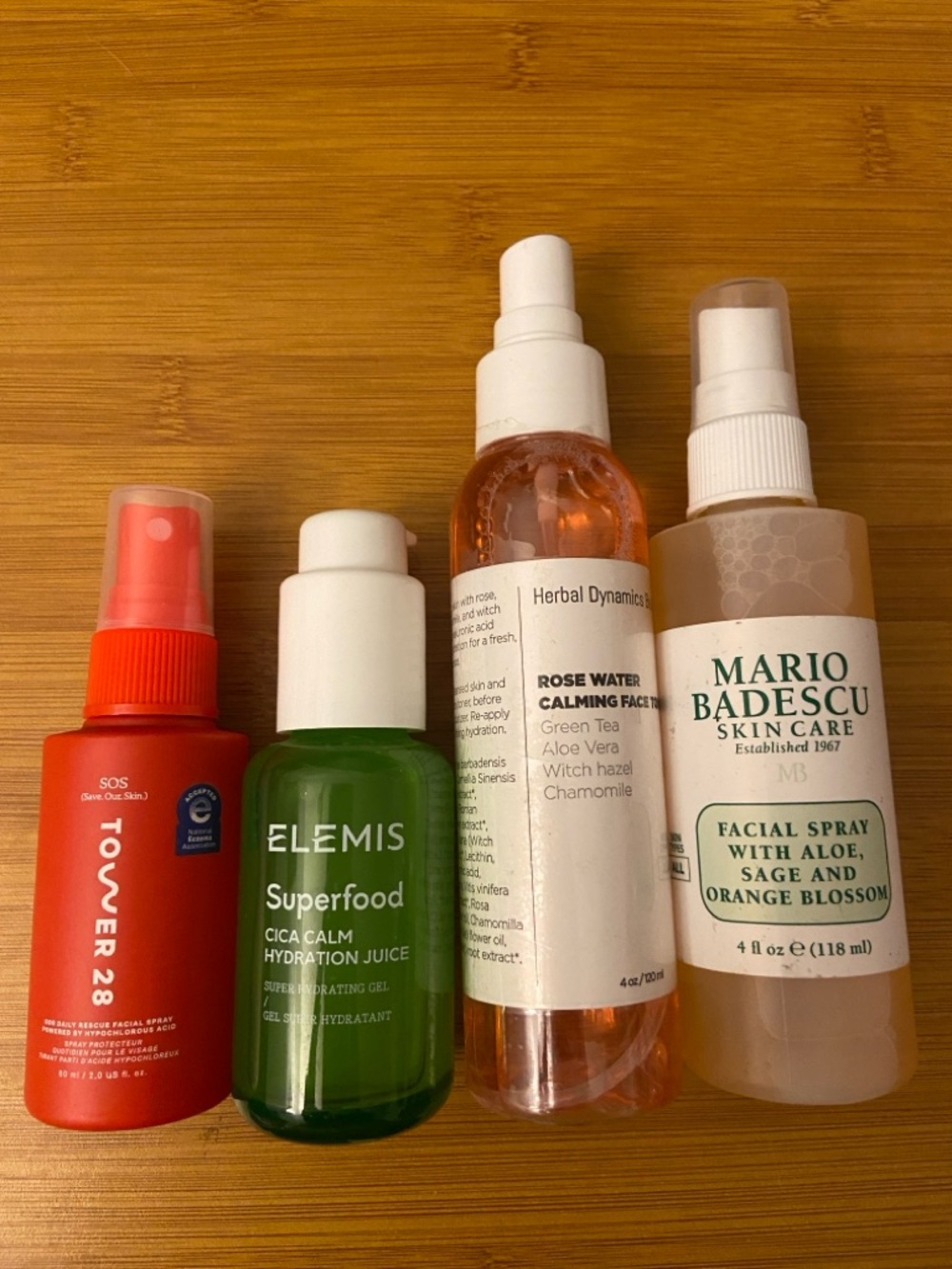 Tower 28/Mario Badescu facial sprays, Elemis superfood, Herbal Dynamics toner